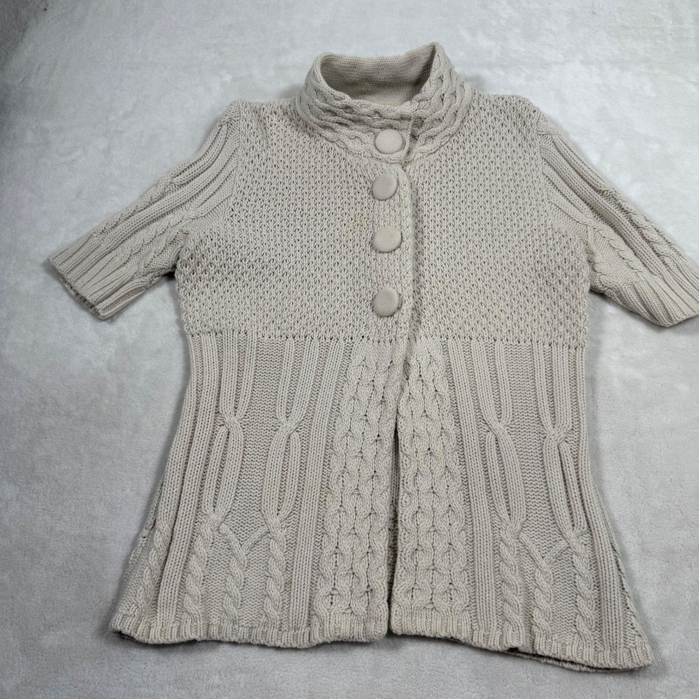 Apt 9‎ Womens Beige Cable Knit Short Sleeve Button Mock Neck Cardigan Sweater L